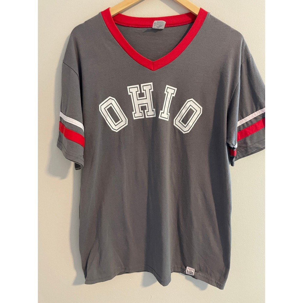 OHIO V-Neck Jersey Shirt Adult L Gray Red Striped Retro Style Vintage Inspired